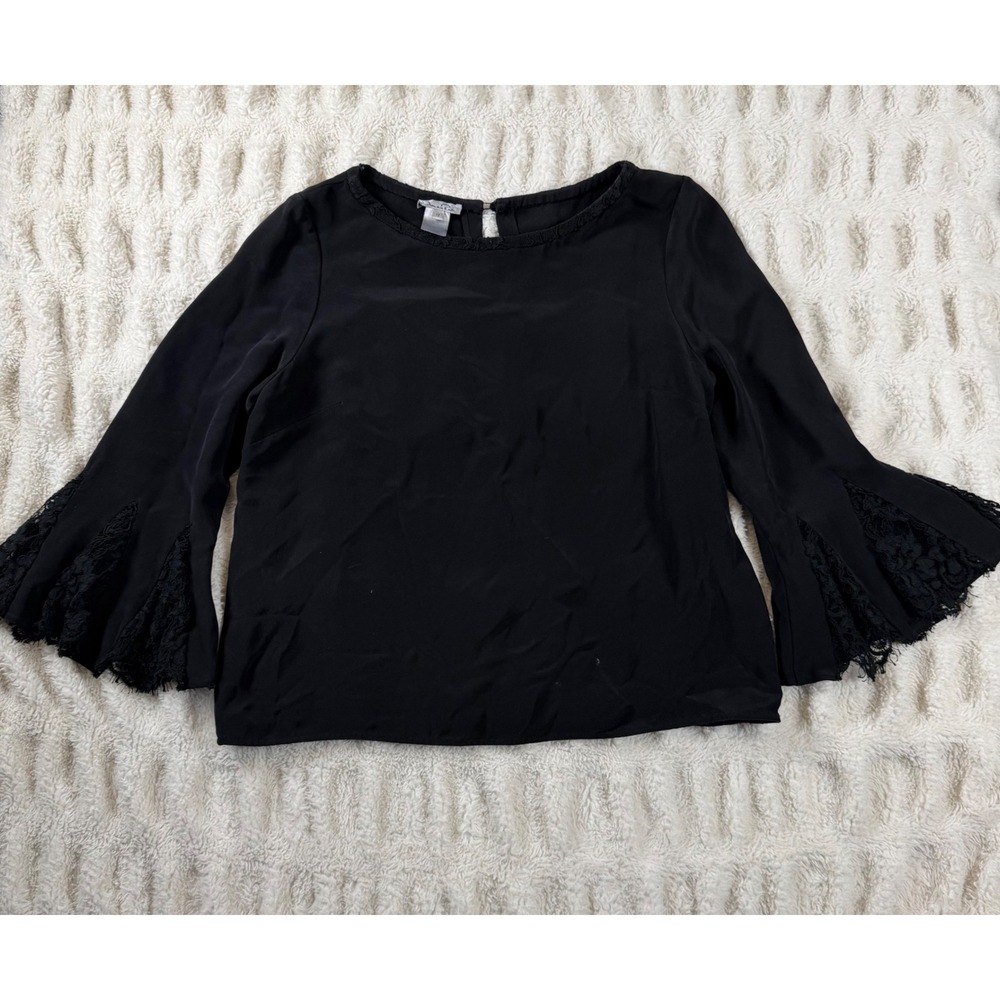 Oscar de la Renta Black Silk Lace Bell Sleeve Blouse Top Italy Size 12